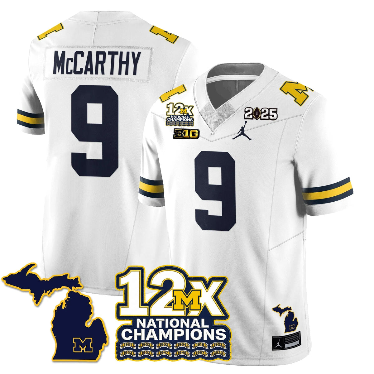 Personalized MICH 12x-Time National Champions Vapor Limited Football Jersey - White / J.J. McCarthy - 9 Stitched