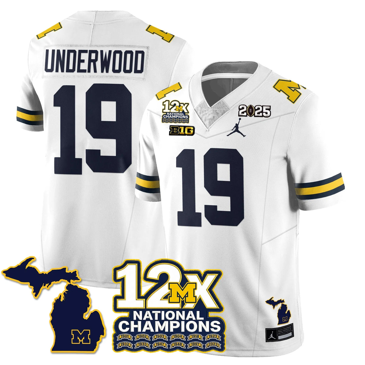 Personalized MICH 12x-Time National Champions Vapor Limited Football Jersey - White / Bryce Underwood - 19 Stitched