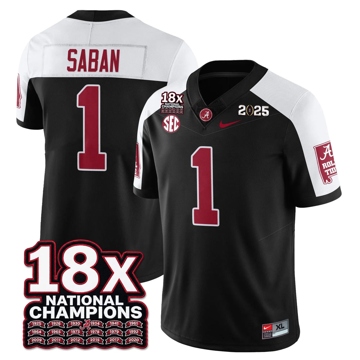 Personalized BAMA 18x-Time National Champions Vapor Limited Football Jersey - Alternate Black / Nick Saban - 1 Stitched
