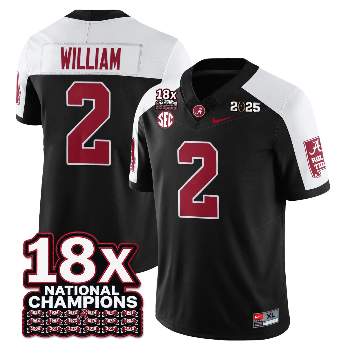 Personalized BAMA 18x-Time National Champions Vapor Limited Football Jersey - Alternate Black / Ryan William - 2 Stitched