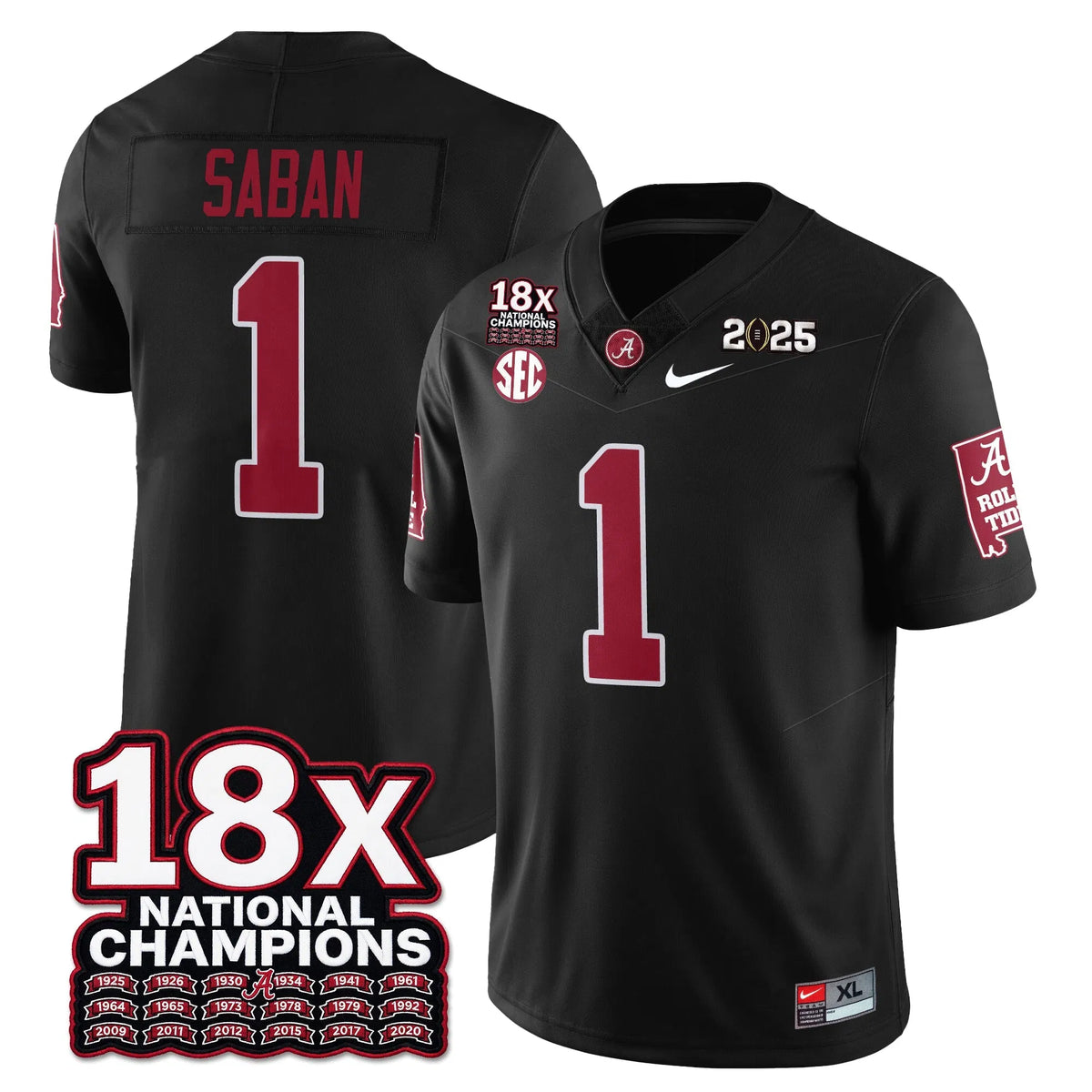 Personalized BAMA 18x-Time National Champions Vapor Limited Football Jersey - Black / Nick Saban - 1 Stitched