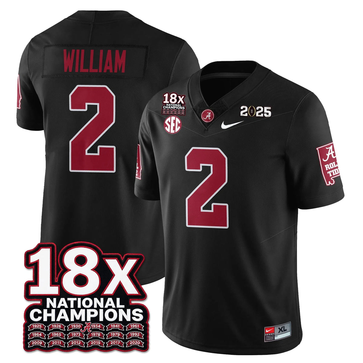 Personalized BAMA 18x-Time National Champions Vapor Limited Football Jersey - Black / Ryan William - 2 Stitched