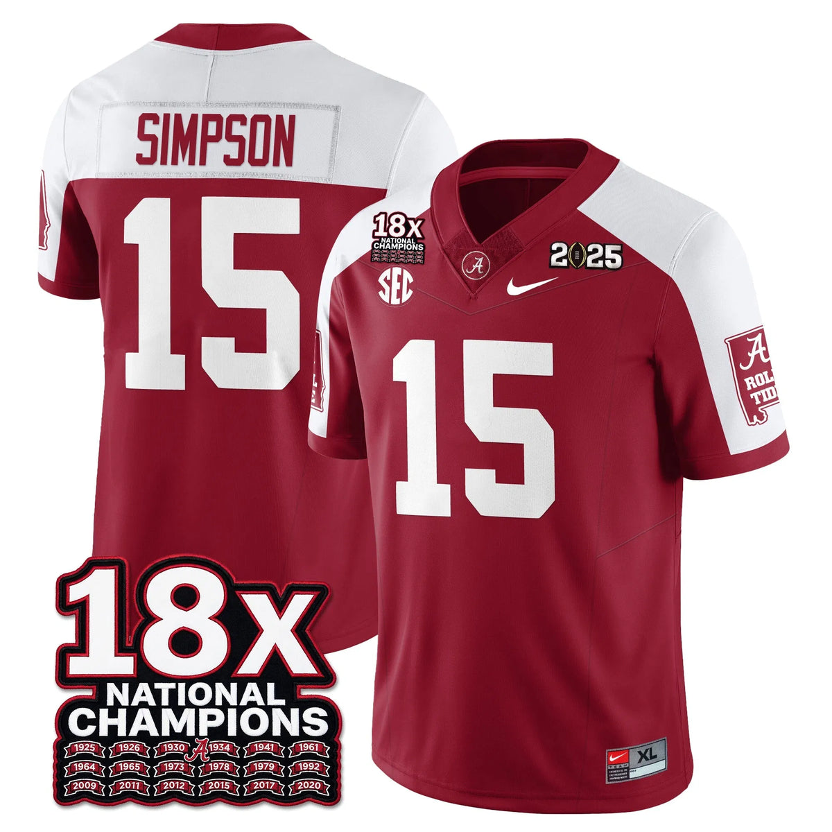 Personalized BAMA 18x-Time National Champions Vapor Limited Football Jersey - Alternate Crimson / Ty Simpson - 15 Stitched