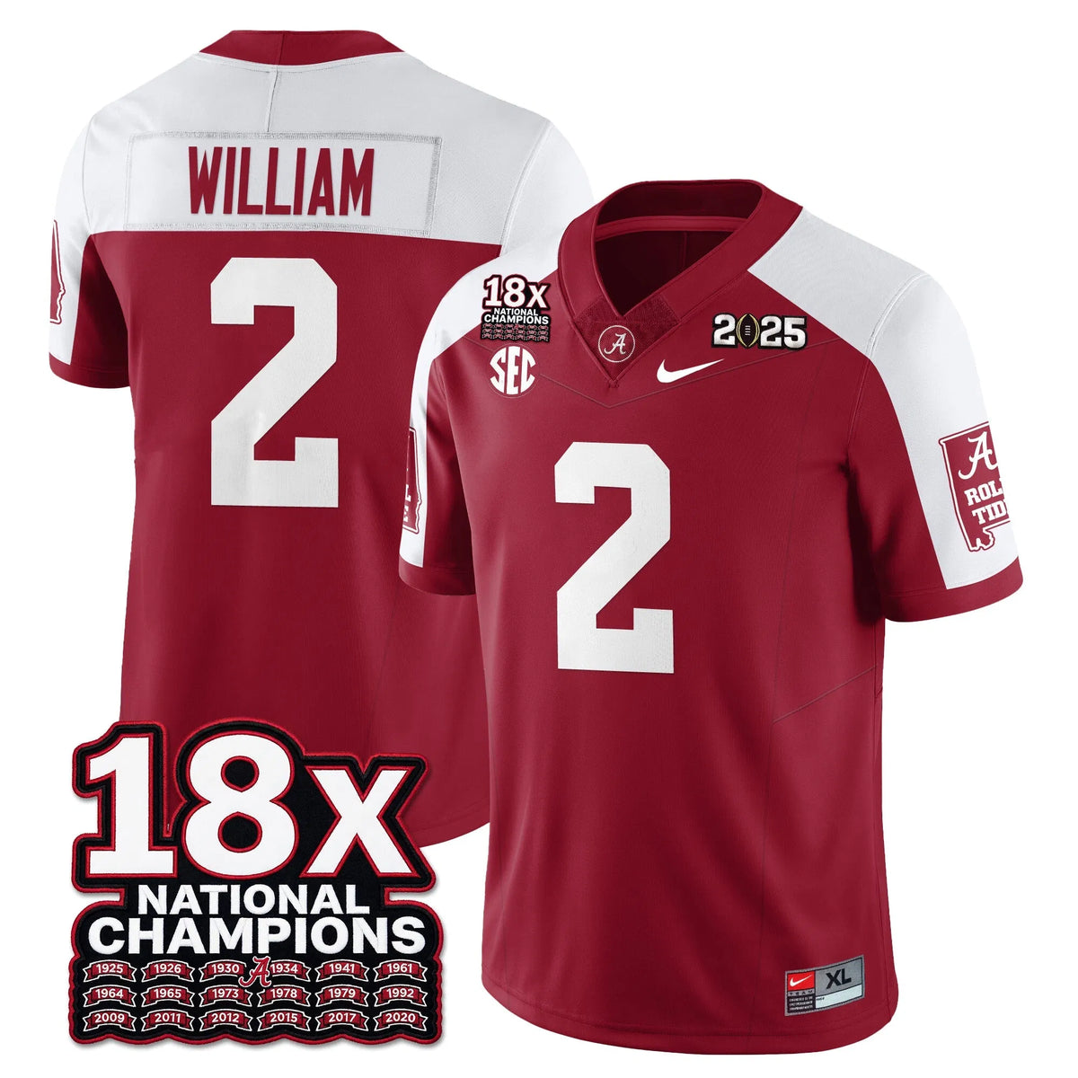 Personalized BAMA 18x-Time National Champions Vapor Limited Football Jersey - Alternate Crimson / Ryan William - 2 Stitched