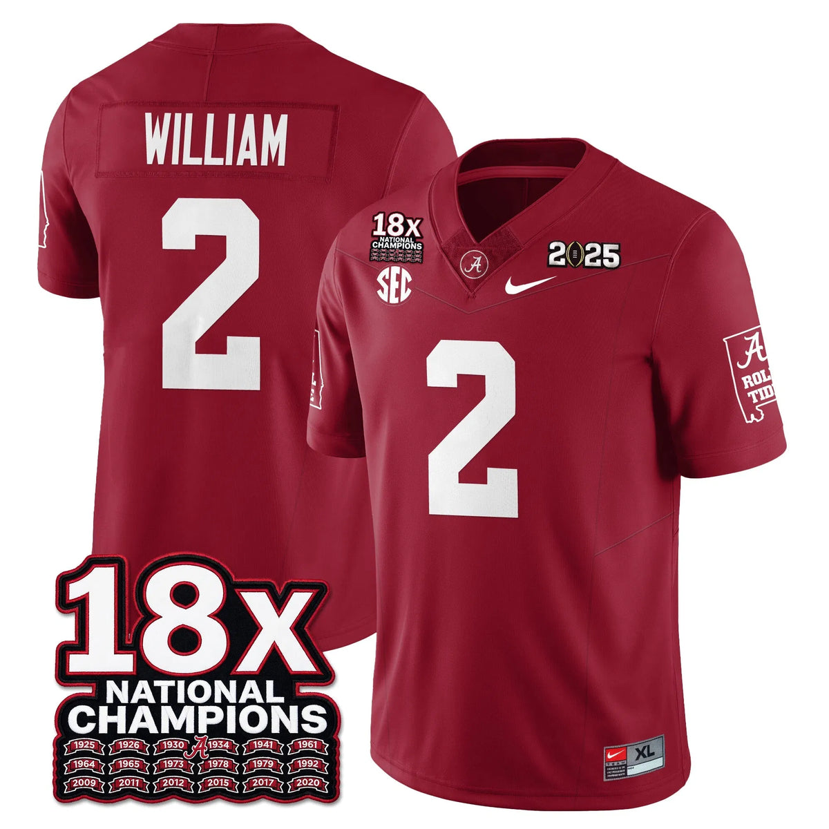 Personalized BAMA 18x-Time National Champions Vapor Limited Football Jersey - Crimson / Ryan William - 2 Stitched