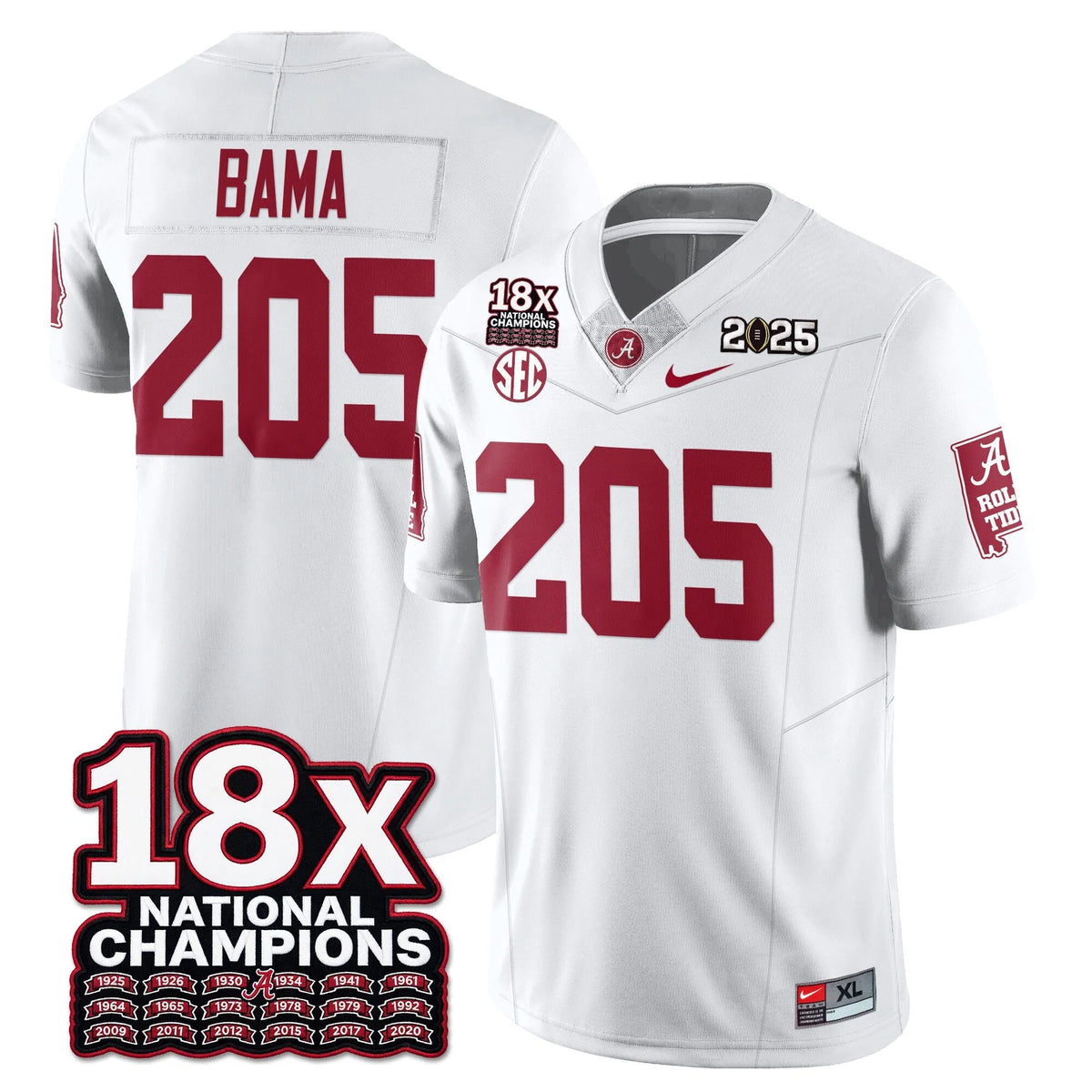 Personalized BAMA 18x-Time National Champions Vapor Limited Football Jersey - White / Bama - 205 Stitched