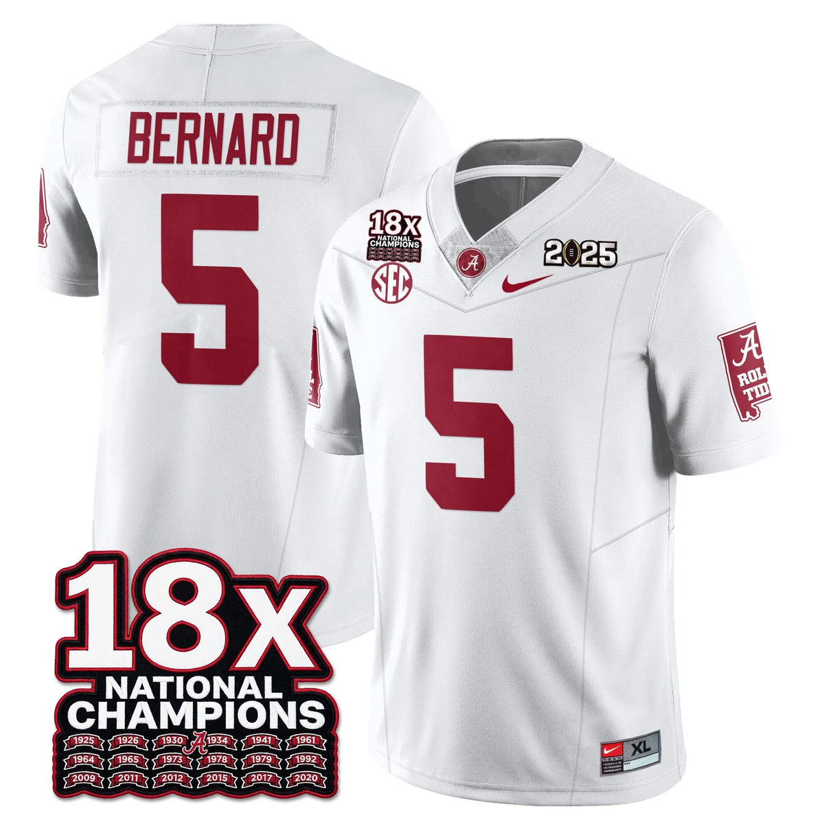 Personalized BAMA 18x-Time National Champions Vapor Limited Football Jersey - White / Germie Bernard - 5 Stitched