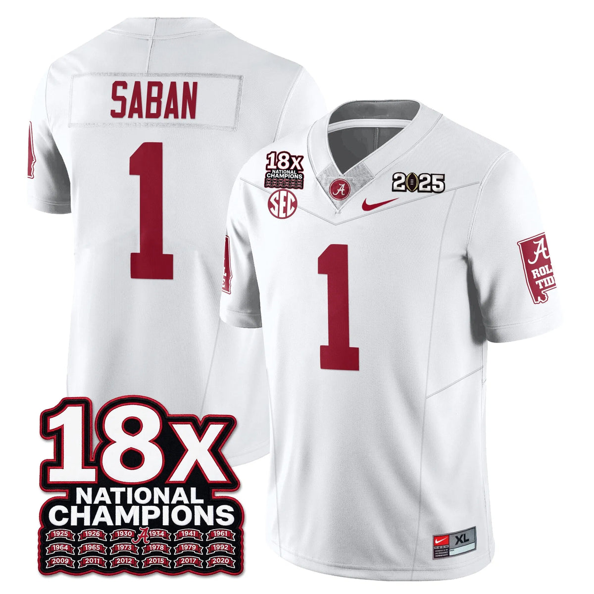 Personalized BAMA 18x-Time National Champions Vapor Limited Football Jersey - White / Nick Saban - 1 Stitched