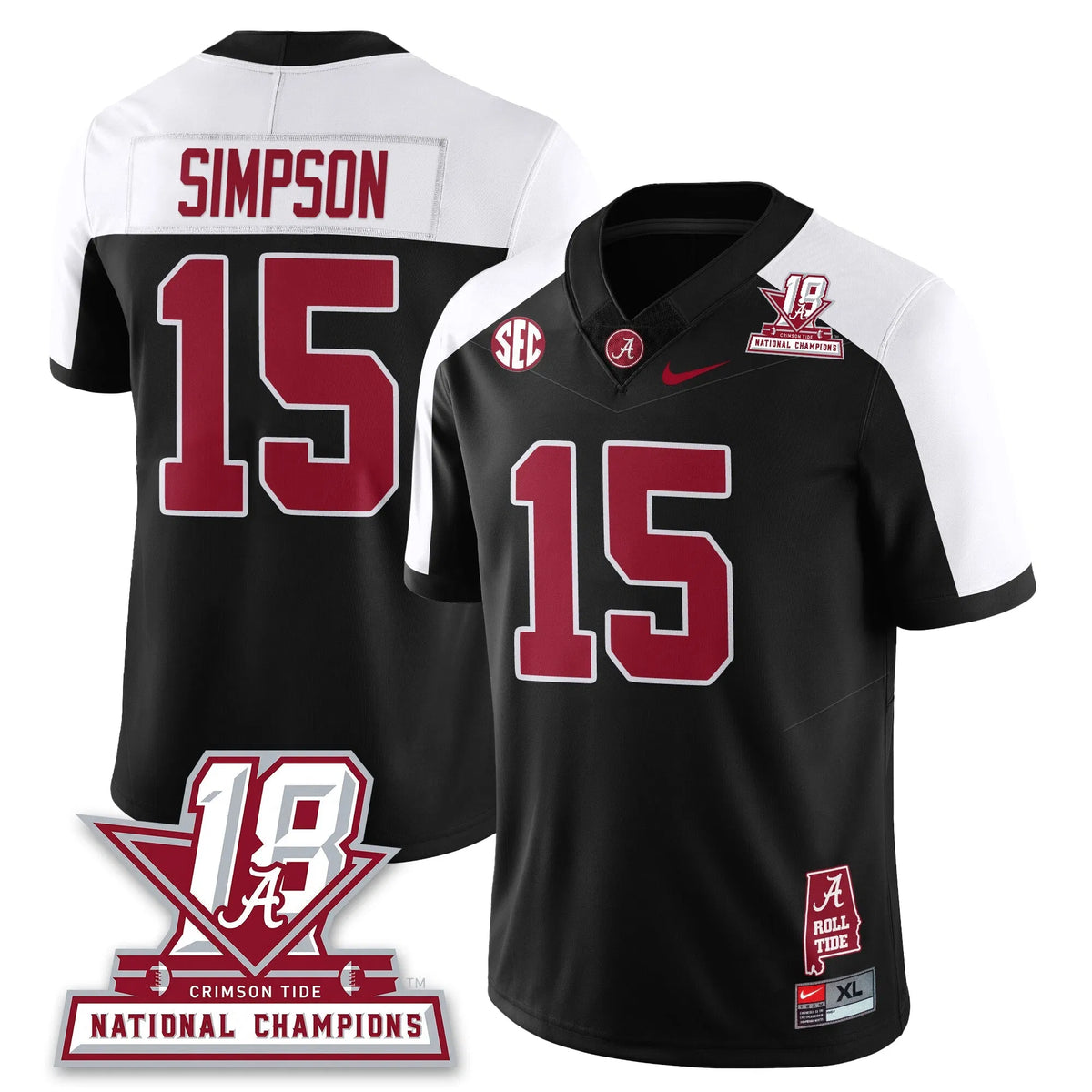 Personalized BAMA 18x-Time National Champions Vapor Limited Jersey - Alternate Black / Ty Simpson - 15 Stitched