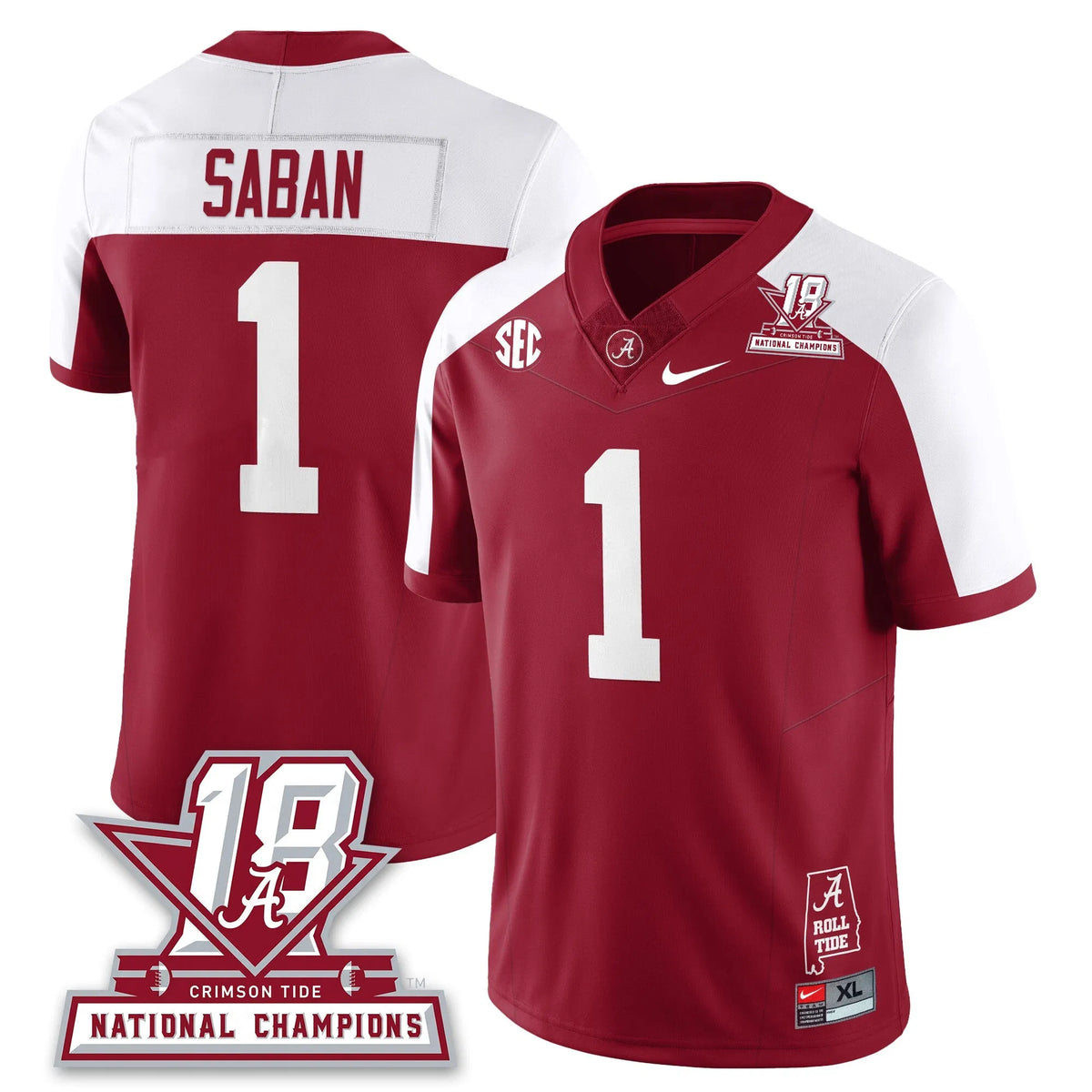 Personalized BAMA 18x-Time National Champions Vapor Limited Jersey - Alternate Crimson / Nick Saban - 1 Stitched