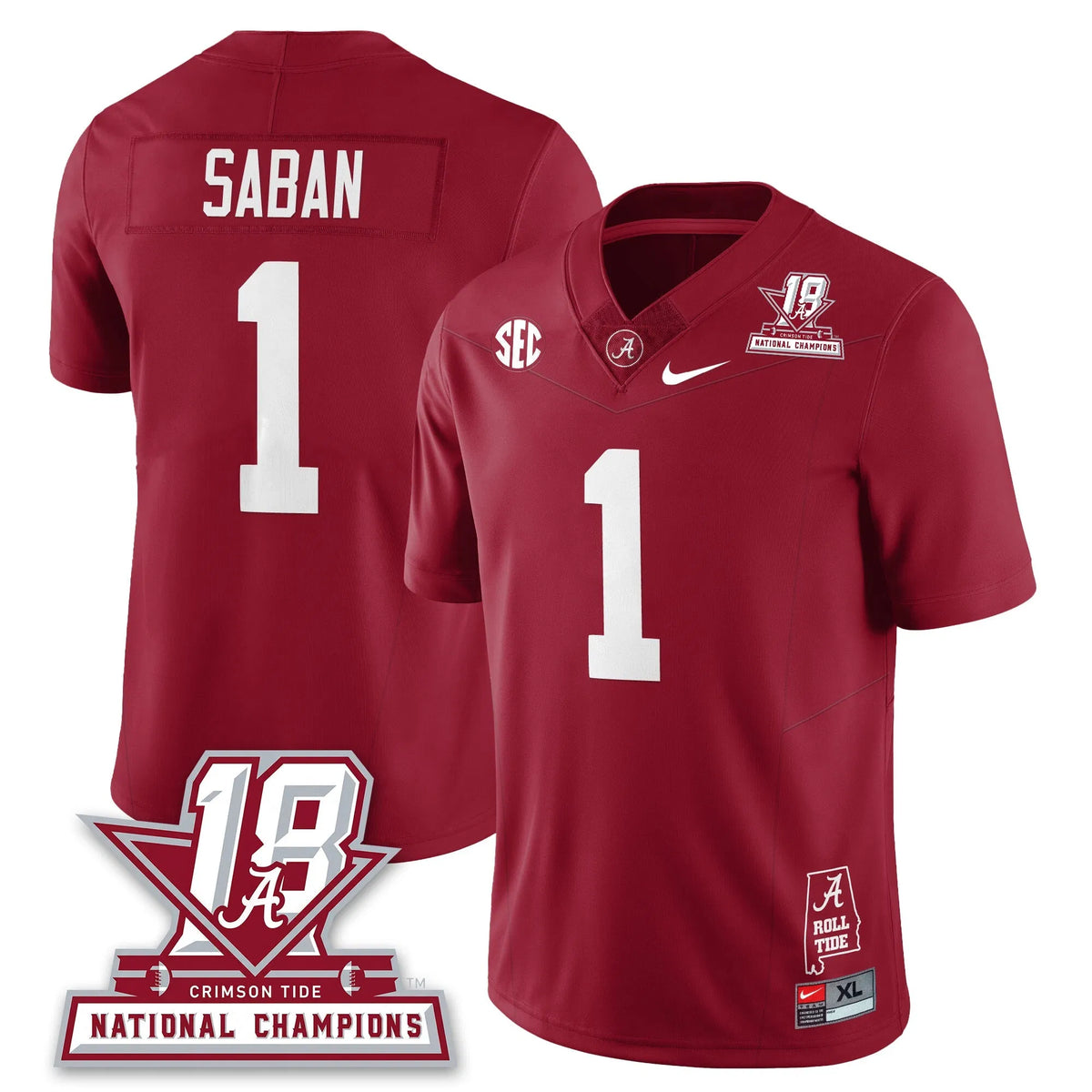 Personalized BAMA 18x-Time National Champions Vapor Limited Jersey - Crimson / Nick Saban - 1 Stitched