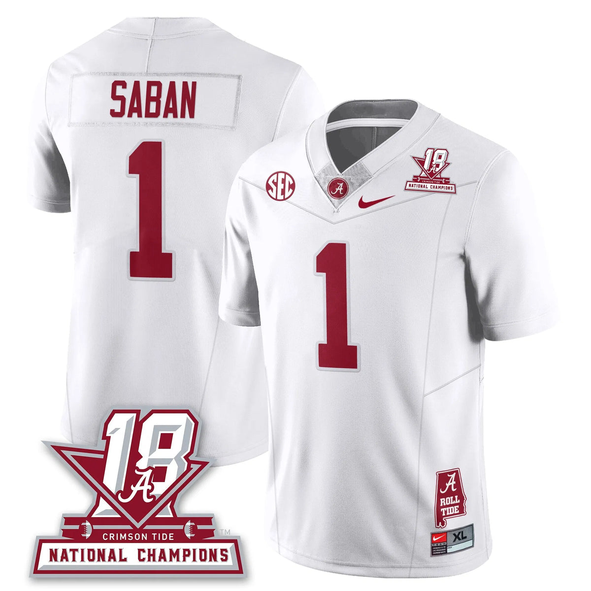 Personalized BAMA 18x-Time National Champions Vapor Limited Jersey - White / Nick Saban - 1 Stitched