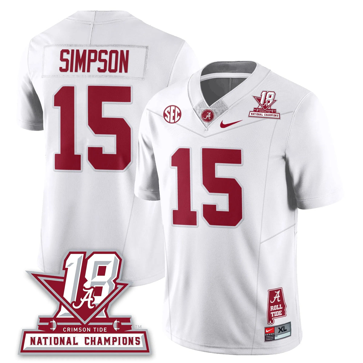 Personalized BAMA 18x-Time National Champions Vapor Limited Jersey - White / Ty Simpson - 15 Stitched
