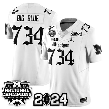 Personalized MICH Gothic 2023 National Champions Vapor Limited Football Jersey - White / Big Blue - 734 Stitched