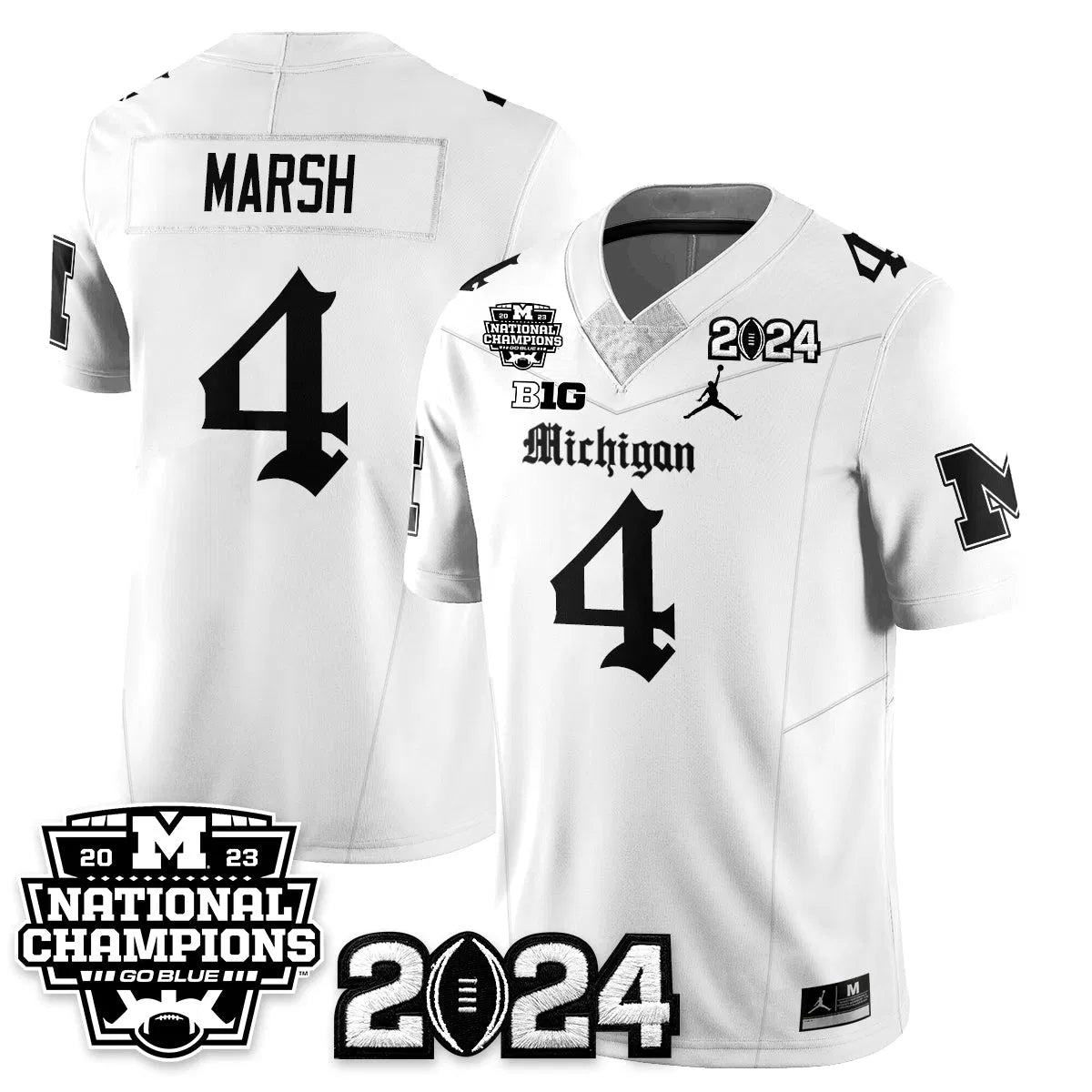 Personalized MICH Gothic 2023 National Champions Vapor Limited Football Jersey - White / Andrew Marsh - 4 Stitched