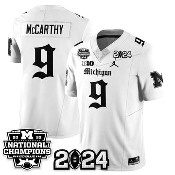Personalized MICH Gothic 2023 National Champions Vapor Limited Football Jersey - White / J.J. McCarthy - 9 Stitched