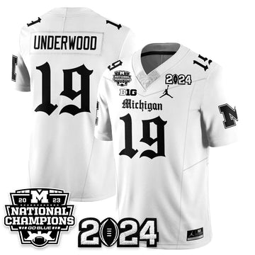 Personalized MICH Gothic 2023 National Champions Vapor Limited Football Jersey - White / Bryce Underwood - 19 Stitched