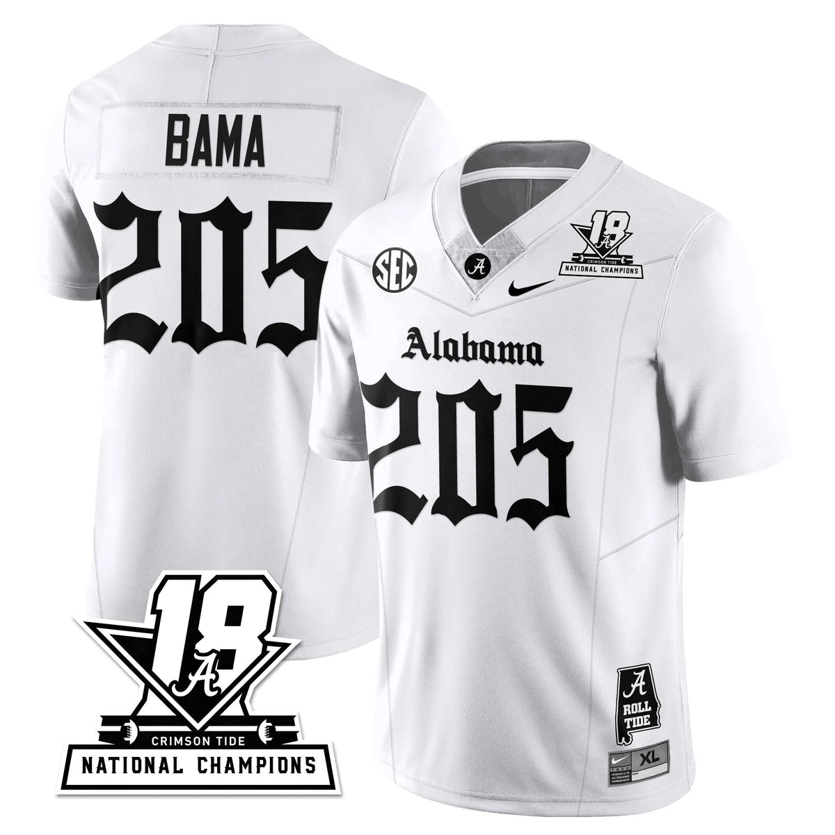 Personalized BAMA 18x-Time National Champions Gothic Vapor Limited Jersey - White / Bama - 205 Stitched