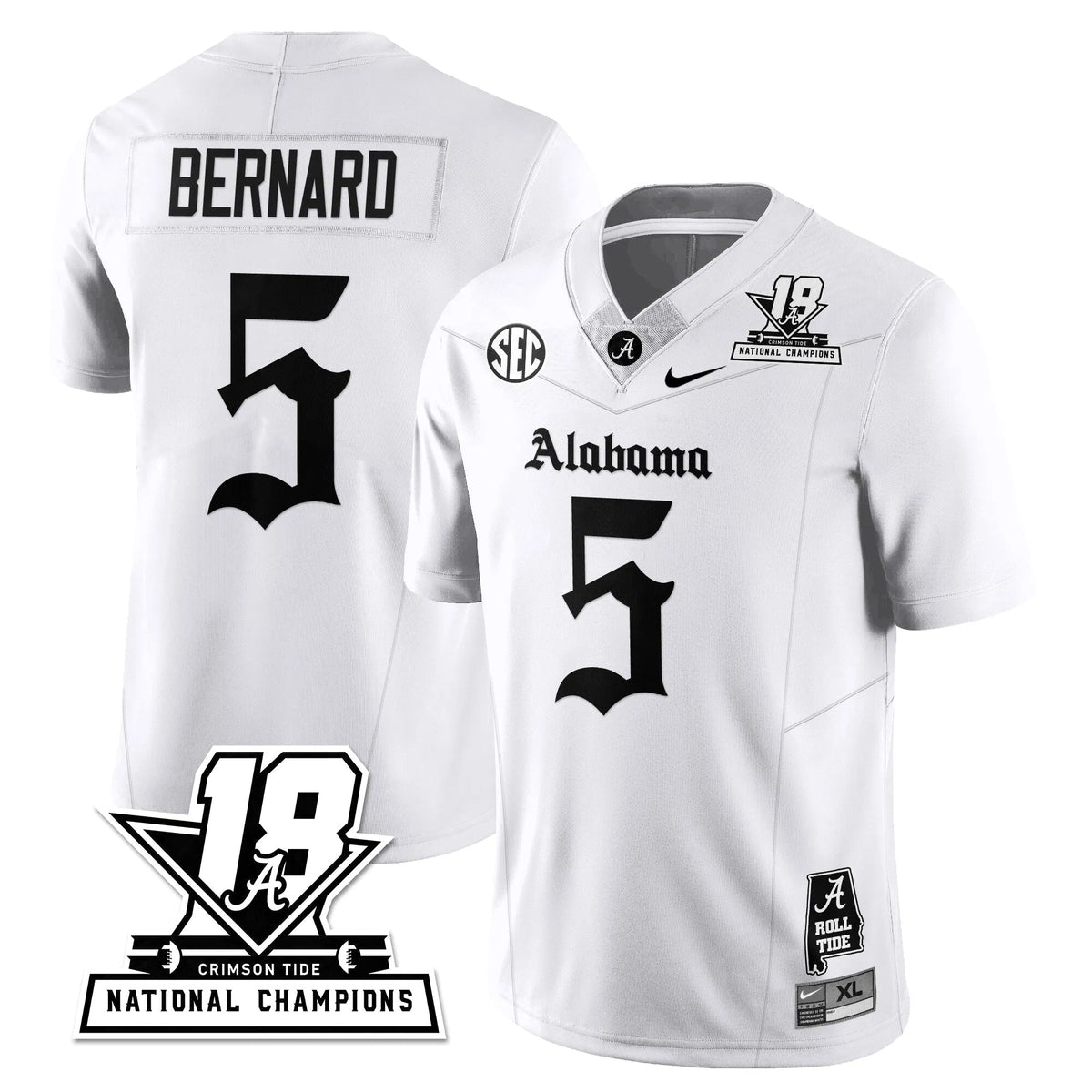 Personalized BAMA 18x-Time National Champions Gothic Vapor Limited Jersey - White / Germie Bernard - 5 Stitched