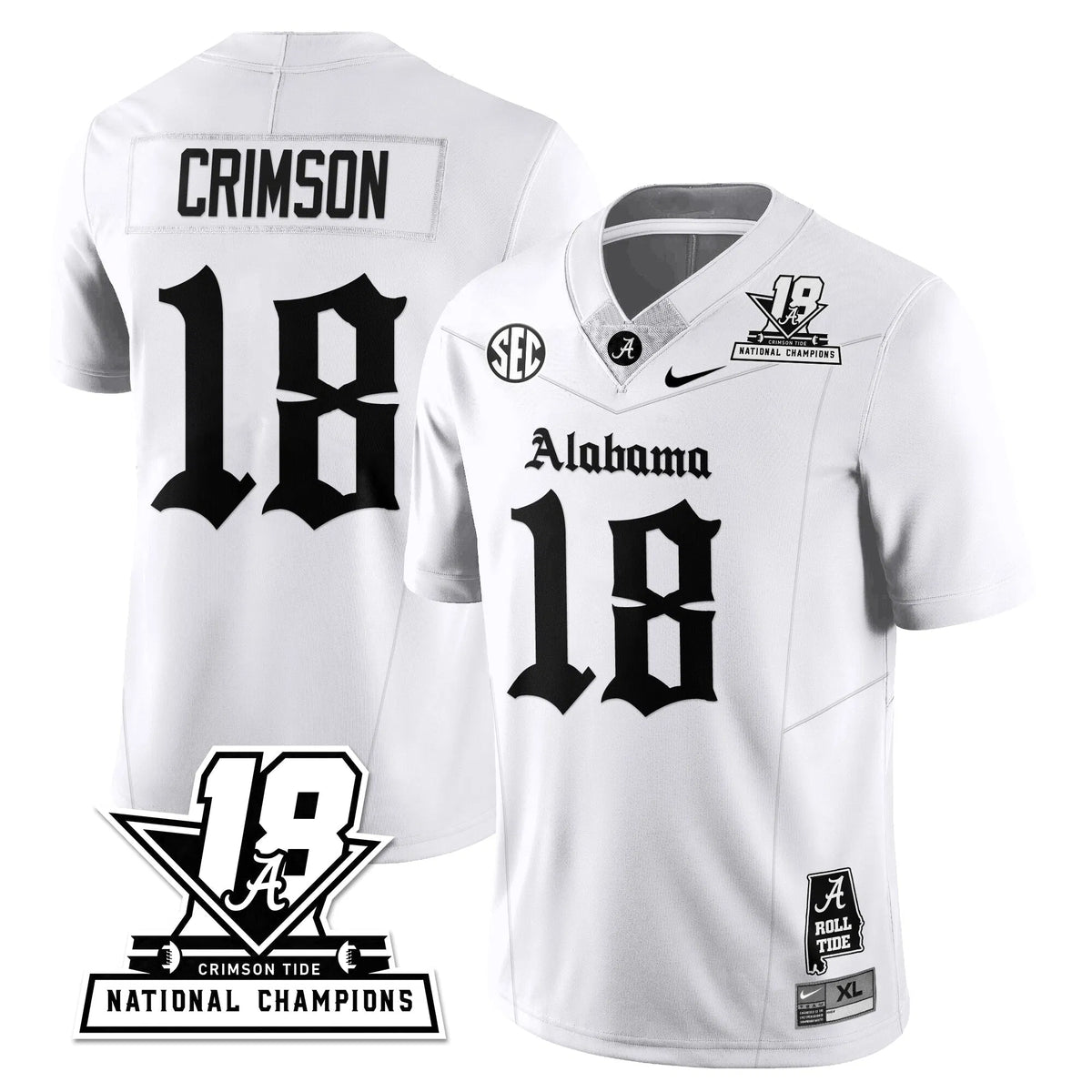 Personalized BAMA 18x-Time National Champions Gothic Vapor Limited Jersey - White / Crimson - 18 Stitched