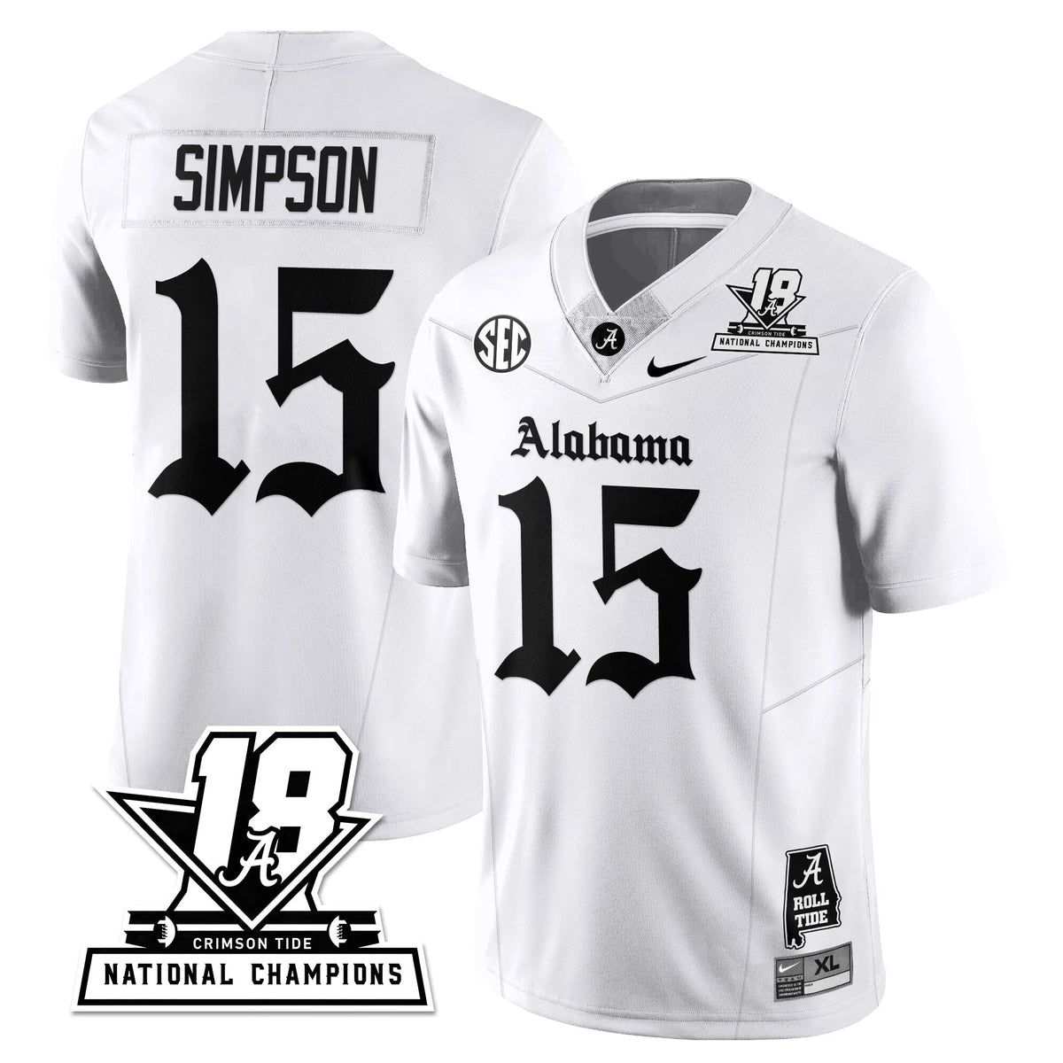 Personalized BAMA 18x-Time National Champions Gothic Vapor Limited Jersey - White / Ty Simpson - 15 Stitched