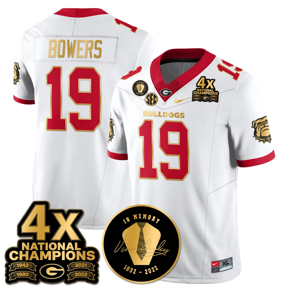 Personalized UGA 4x-Time National Champions Vapor Limited Jersey - White Gold Trim / Brock Bowers - 19 Stitched