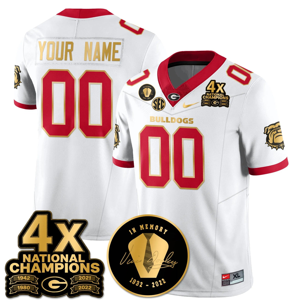 Personalized Custom UGA 4x-Time National Champions Vapor Limited Jersey - White Gold Trim Stitched