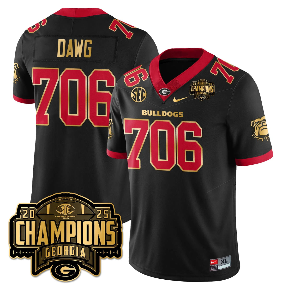 Personalized UGA Vapor Limited Jersey - SEC Football Champions - Black Gold Trim / Dawg - 706 Stitched