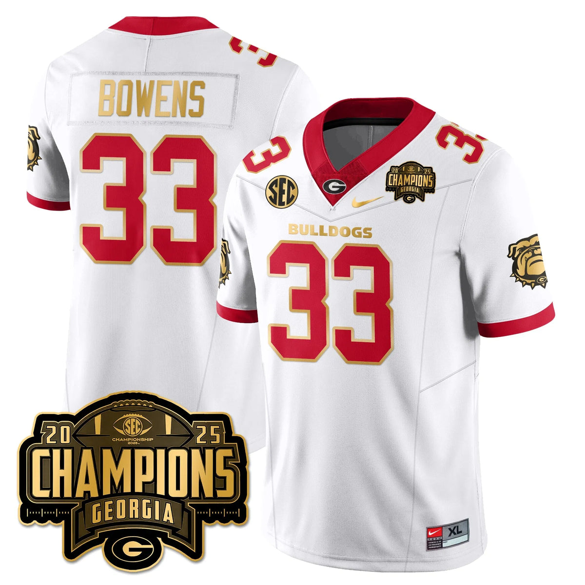 Personalized UGA Vapor Limited Jersey - SEC Football Champions - White Gold Trim / Chauncey Bowens - 33 Stitched