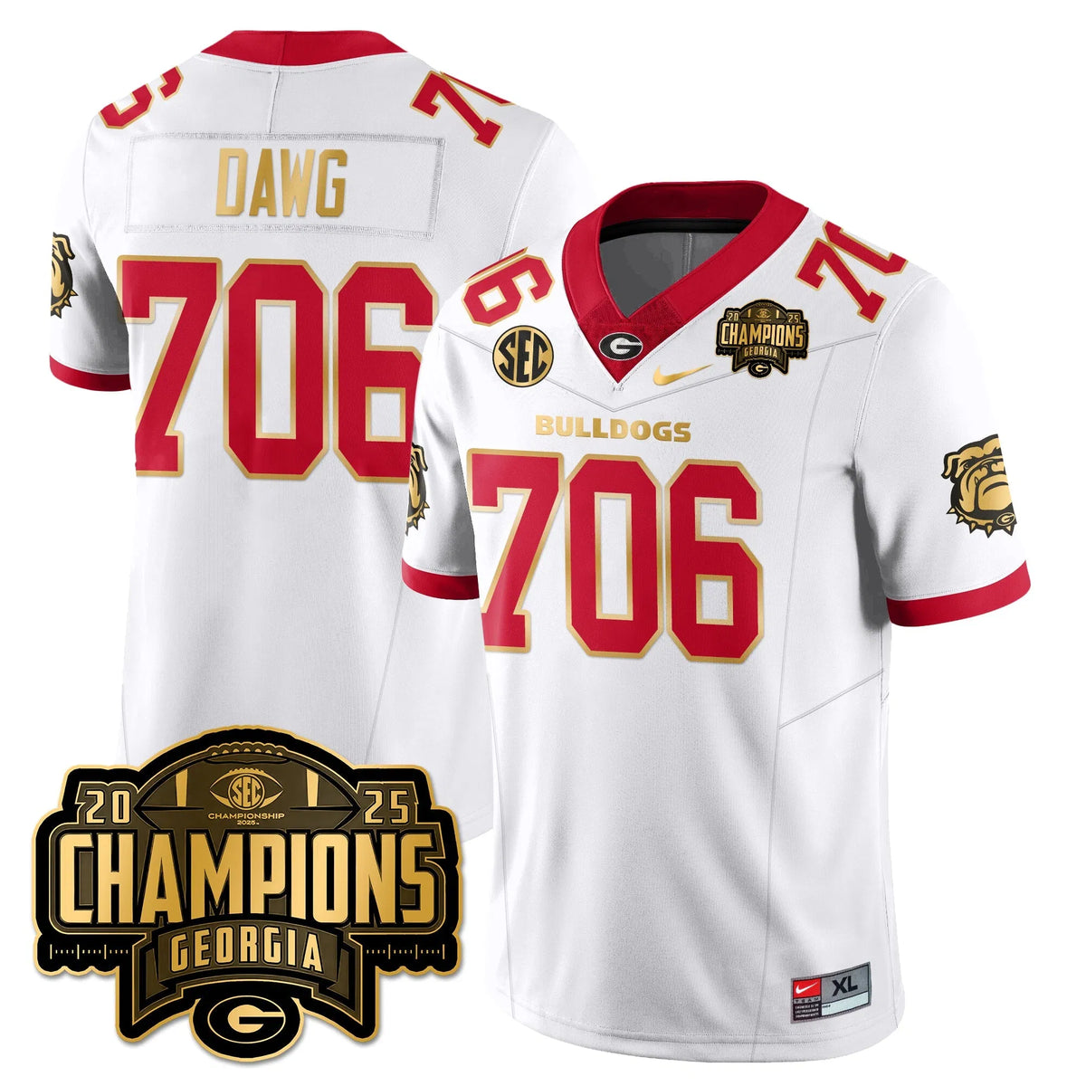 Personalized UGA Vapor Limited Jersey - SEC Football Champions - White Gold Trim / Dawg - 706 Stitched