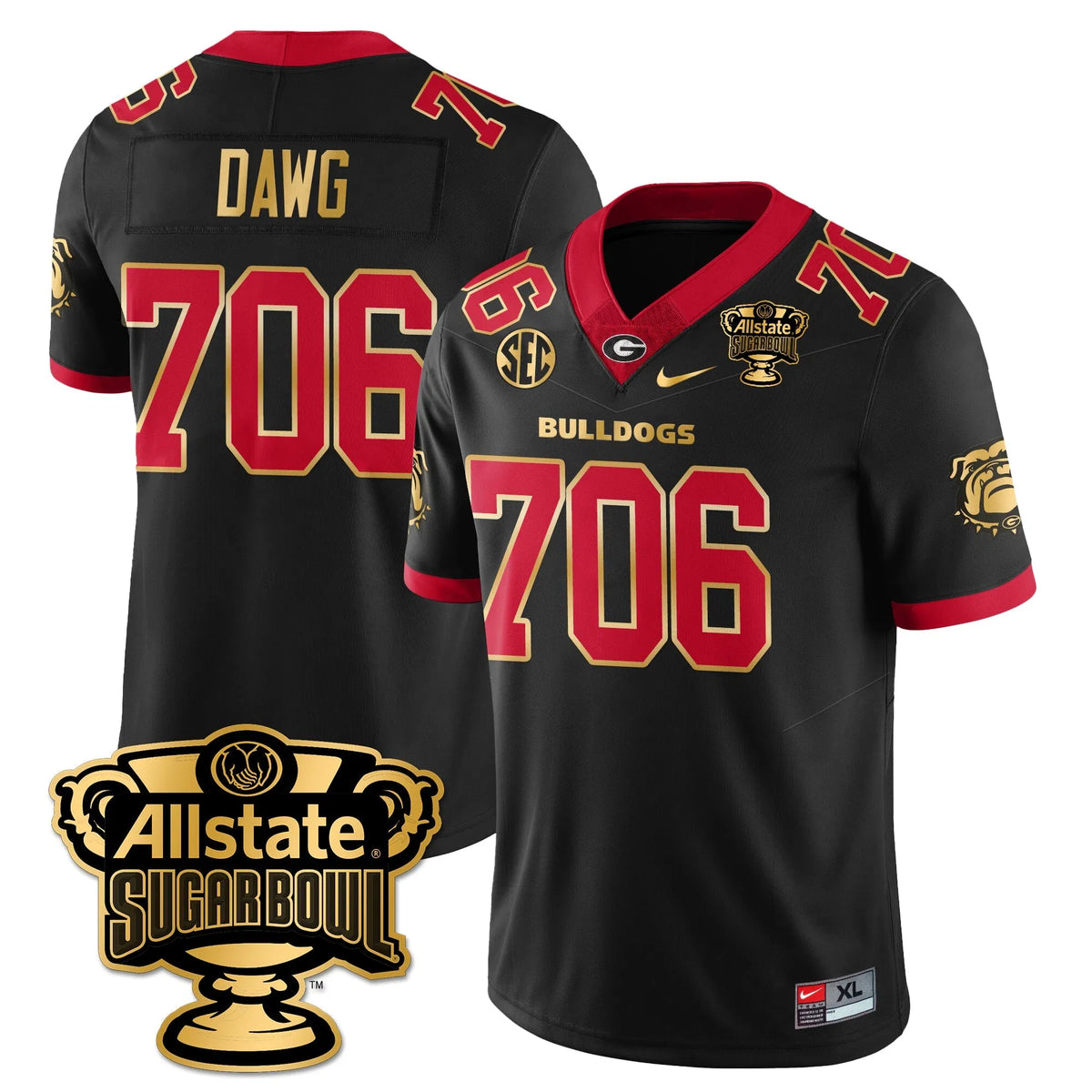 Personalized UGA Vapor Limited Football Jersey - Sugar Bowl - Black Gold Trim / Dawg - 706 Stitched