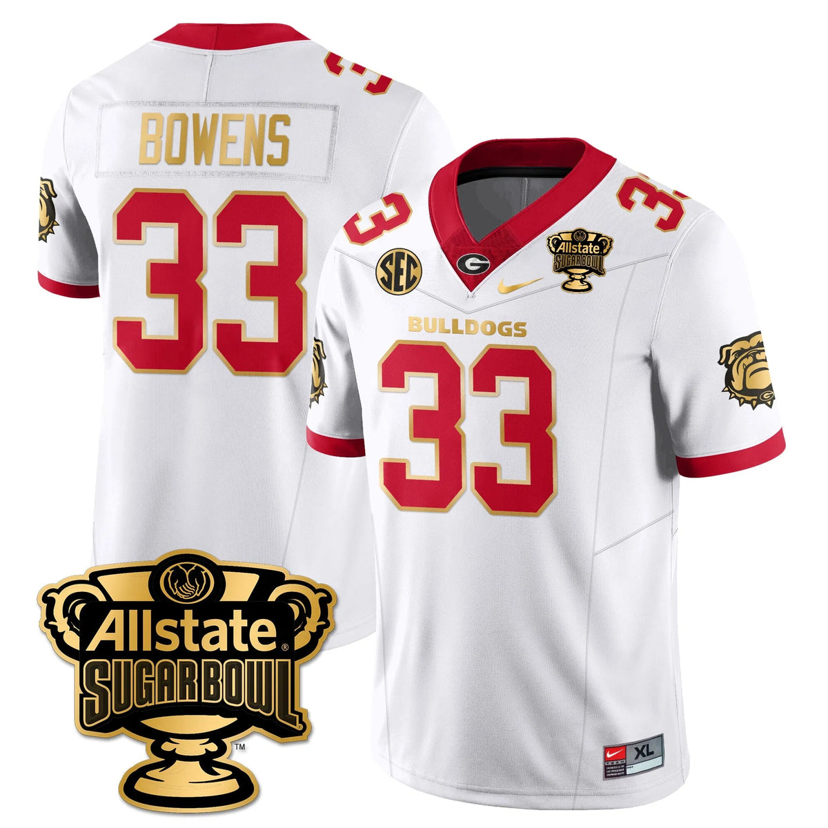 Personalized UGA Vapor Limited Football Jersey - Sugar Bowl - White Gold Trim / Chauncey Bowens - 33 Stitched
