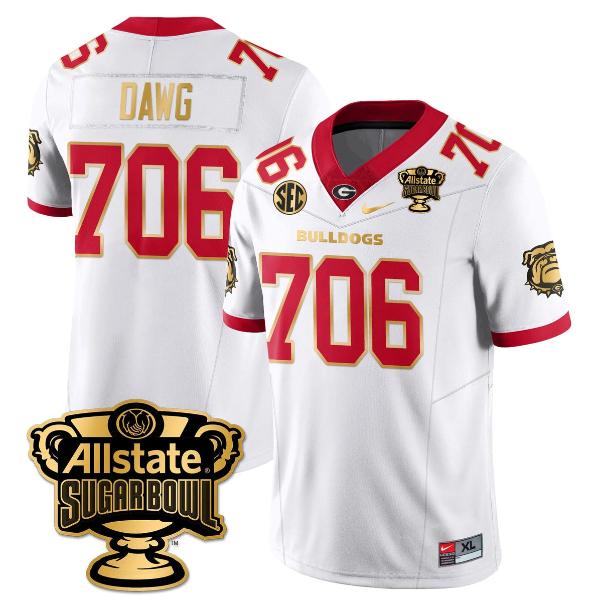 Personalized UGA Vapor Limited Football Jersey - Sugar Bowl - White Gold Trim / Dawg - 706 Stitched