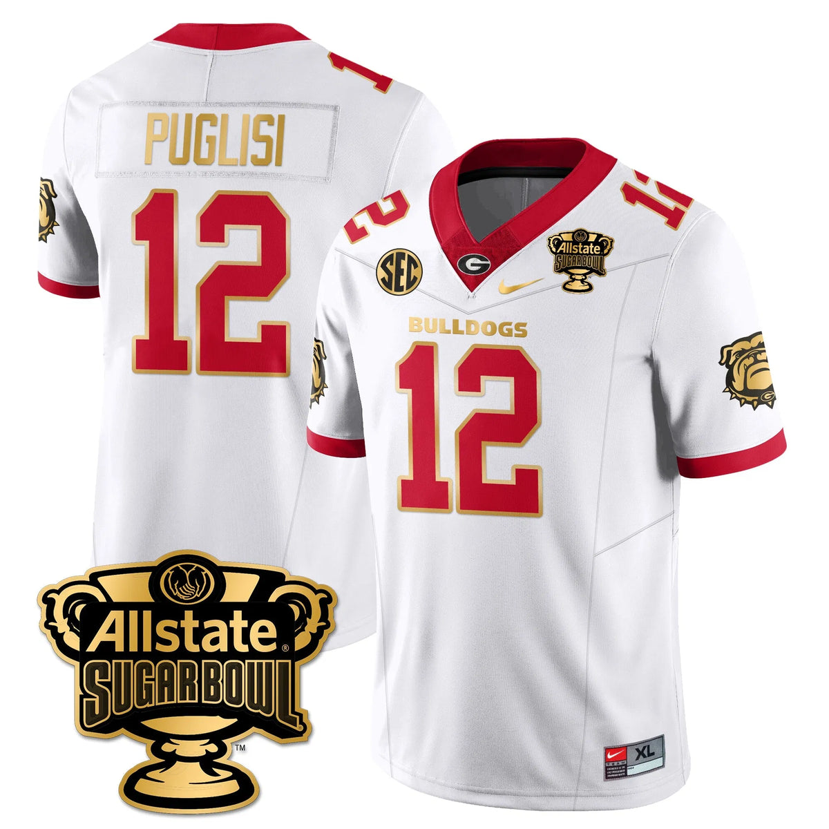 Personalized UGA Vapor Limited Football Jersey - Sugar Bowl - White Gold Trim / Ryan Puglisi - 12 Stitched