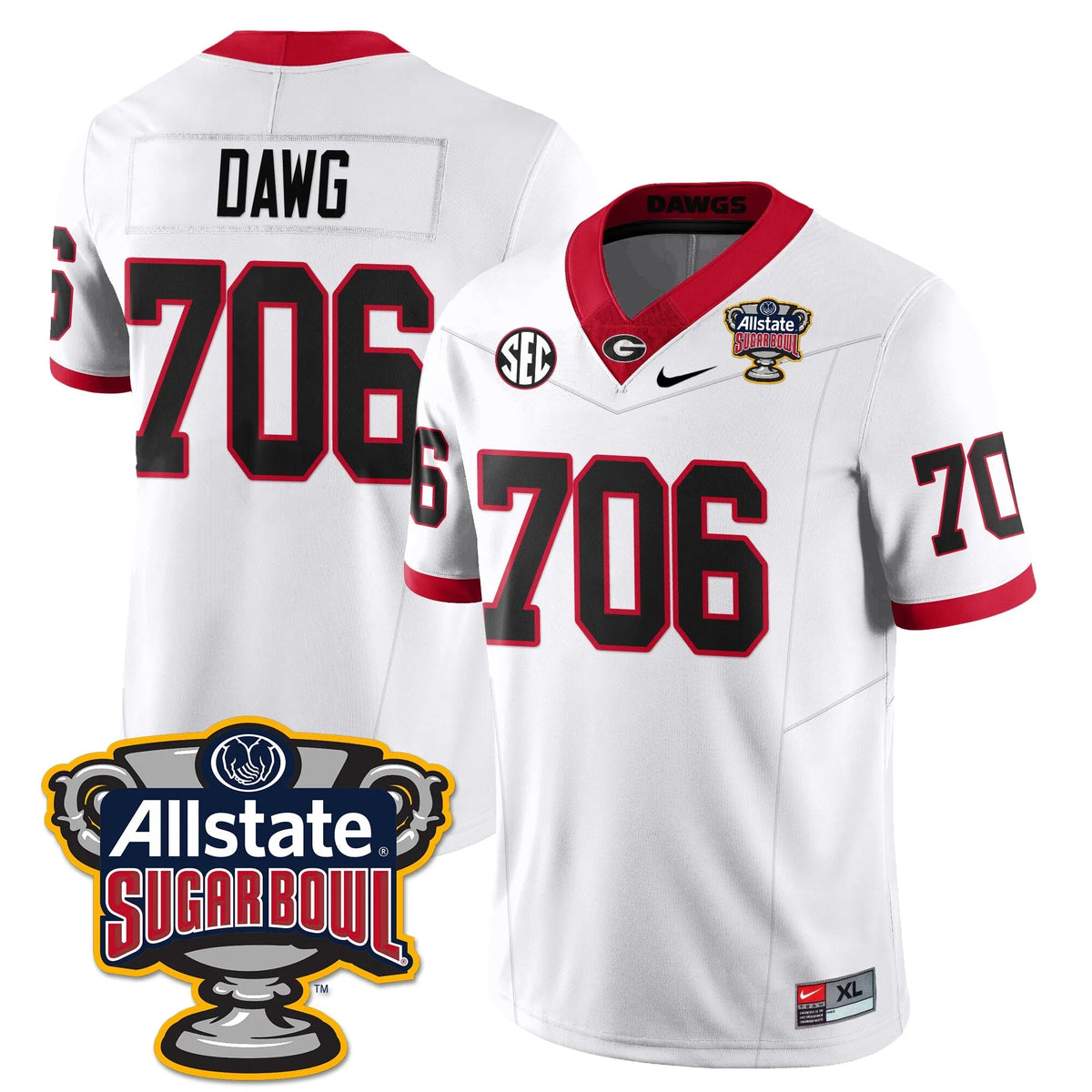 Personalized UGA Vapor Limited Football Jersey - Sugar Bowl - White / Dawg - 706 Stitched
