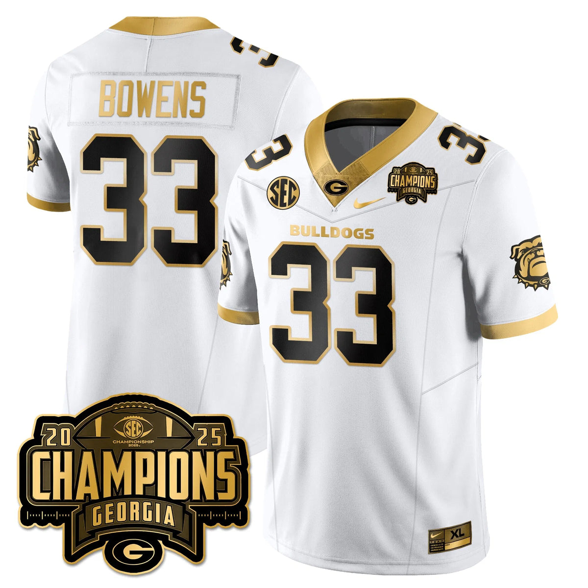 Personalized UGA Vapor Limited Gold Jersey - SEC Football Champions - White Gold / Chauncey Bowens - 33 Stitched