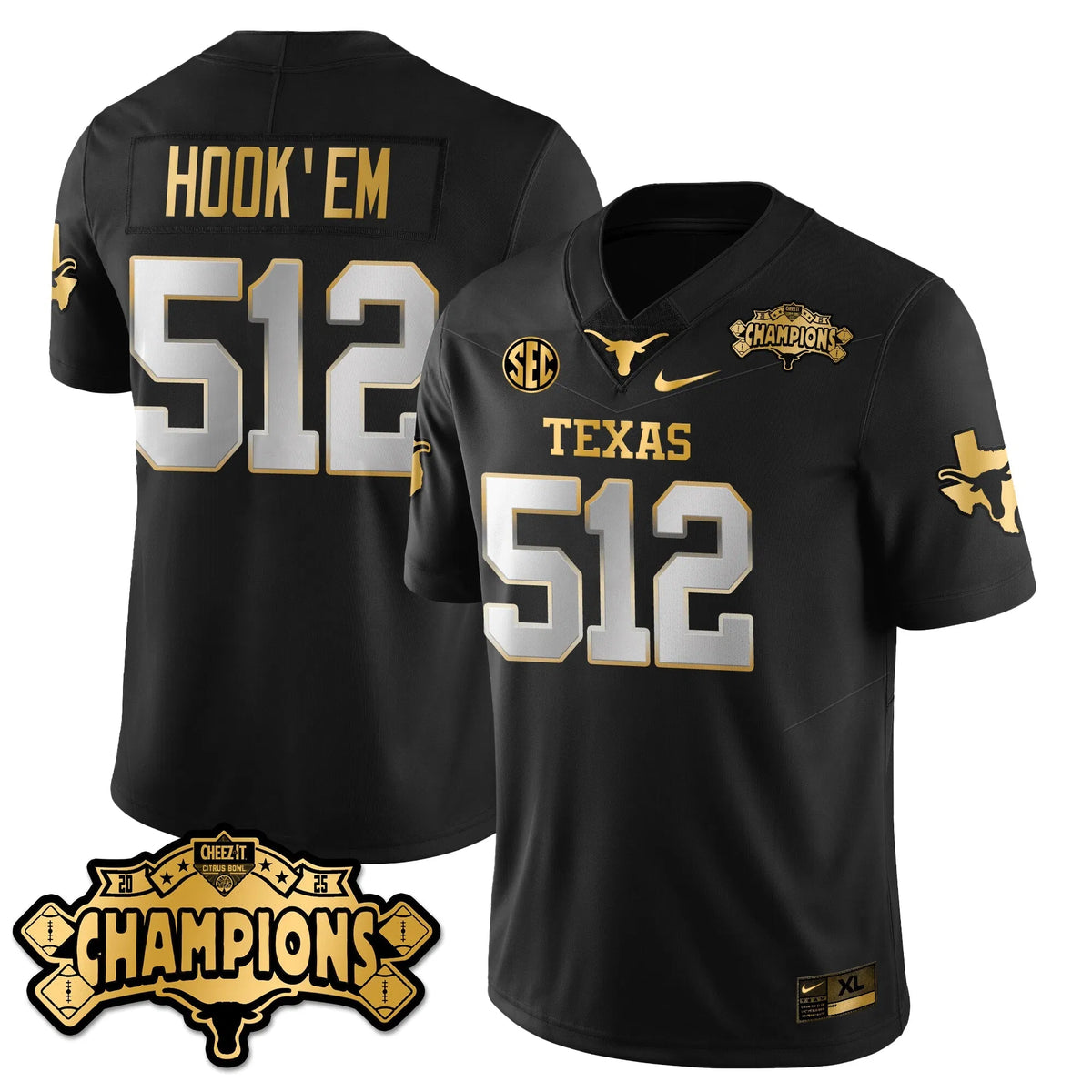 Personalized TEX Football Vapor Limited Gold Jersey - Citrus Bowl Champions - Black Limited / Hook 'Em 512 Stitched