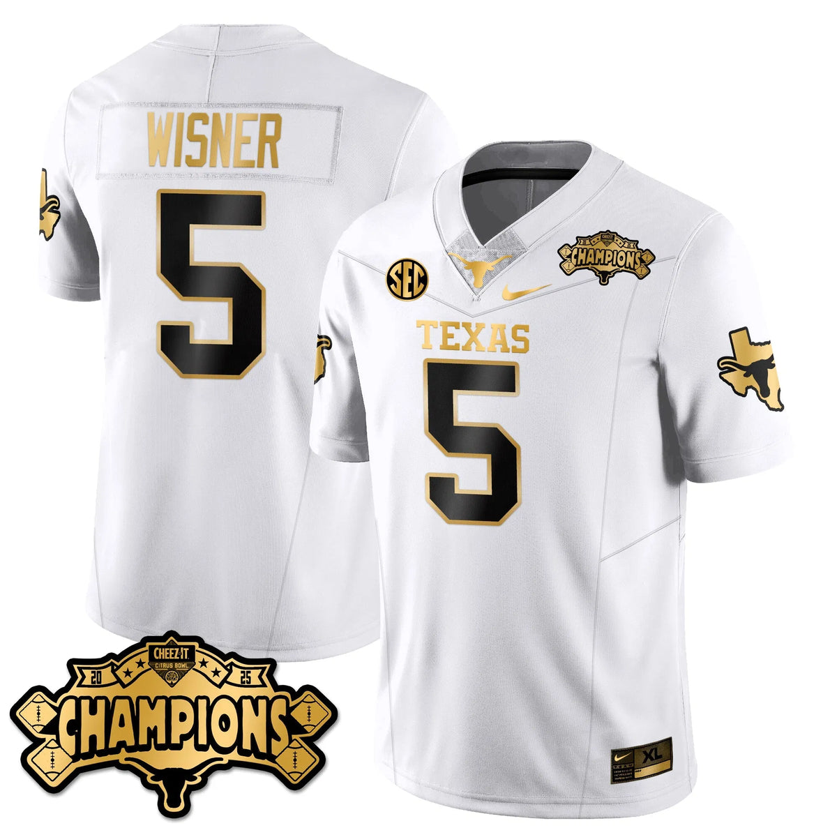Personalized TEX Football Vapor Limited Gold Jersey - Citrus Bowl Champions - White Gold / Quintrevion Wisner - 5 Stitched