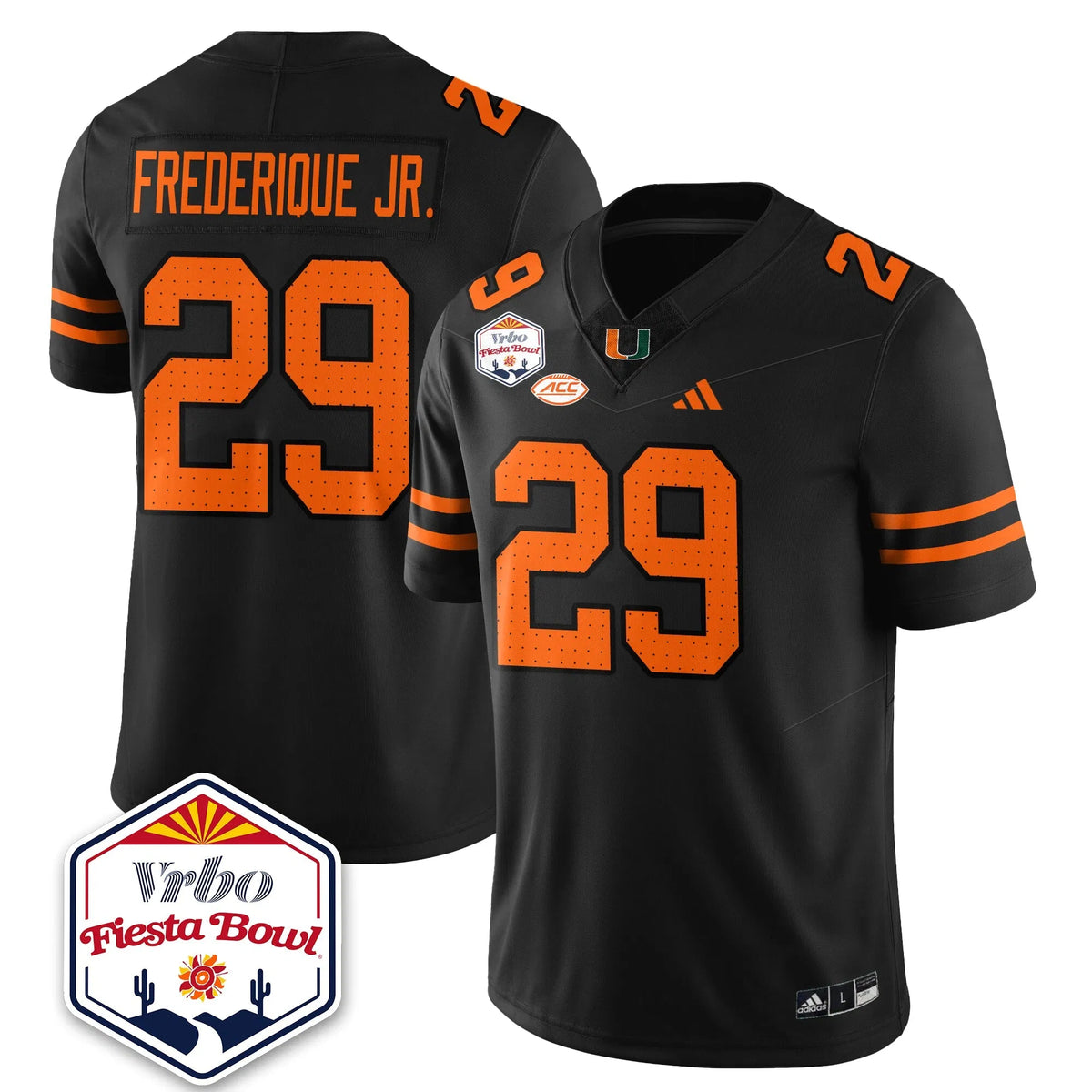Personalized MIA Football Vapor Limited Jersey - Vrbo Fiesta Bowl - Black / OJ Frederique Jr. - 29 Stitched