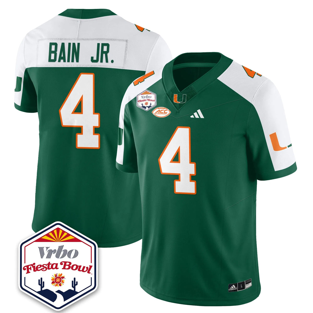 Personalized MIA Football Vapor Limited Jersey - Vrbo Fiesta Bowl - Green Alternate / Rueben Bain Jr. - 4 Stitched