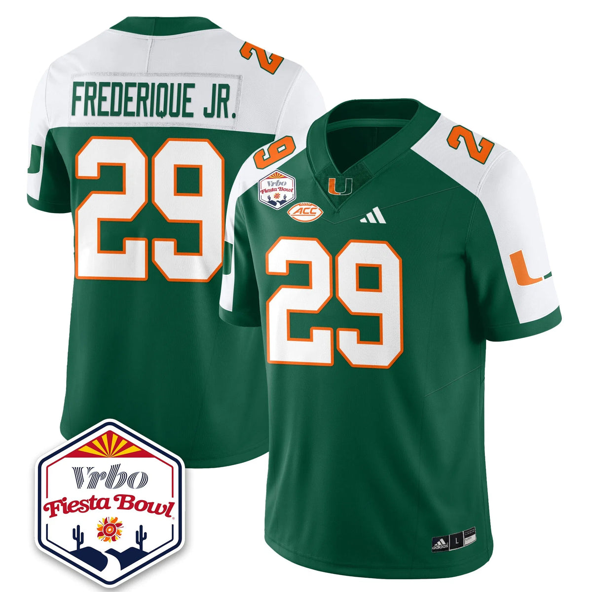 Personalized MIA Football Vapor Limited Jersey - Vrbo Fiesta Bowl - Green Alternate / OJ Frederique Jr. - 29 Stitched