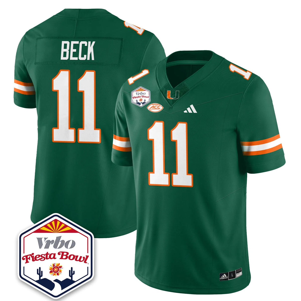 Personalized MIA Football Vapor Limited Jersey - Vrbo Fiesta Bowl - Green / Carson Beck - 11 Stitched