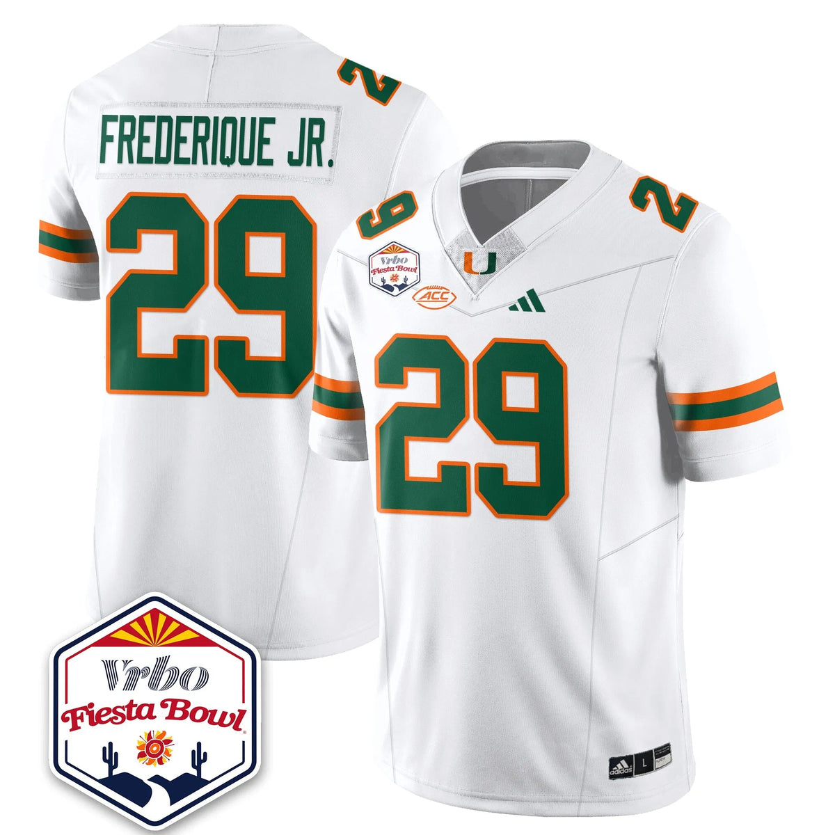 Personalized MIA Football Vapor Limited Jersey - Vrbo Fiesta Bowl - White / OJ Frederique Jr. - 29 Stitched