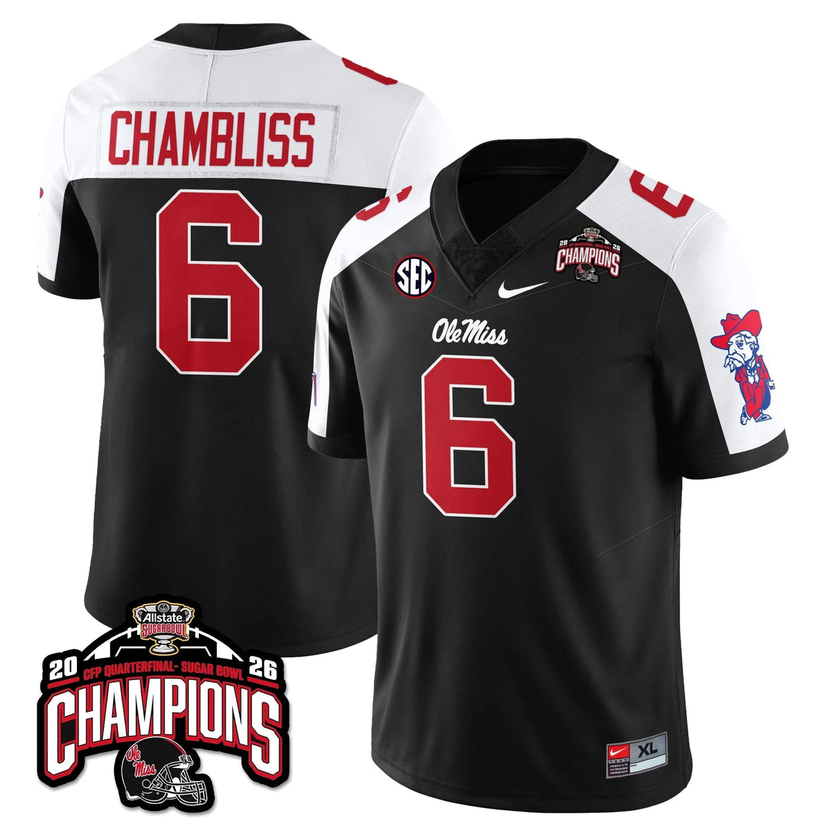Personalized OMB Football Vapor Limited Jersey - Allstate Sugar Bowl Champions - Black Alternate / Trinidad Chambliss - 6 Stitched