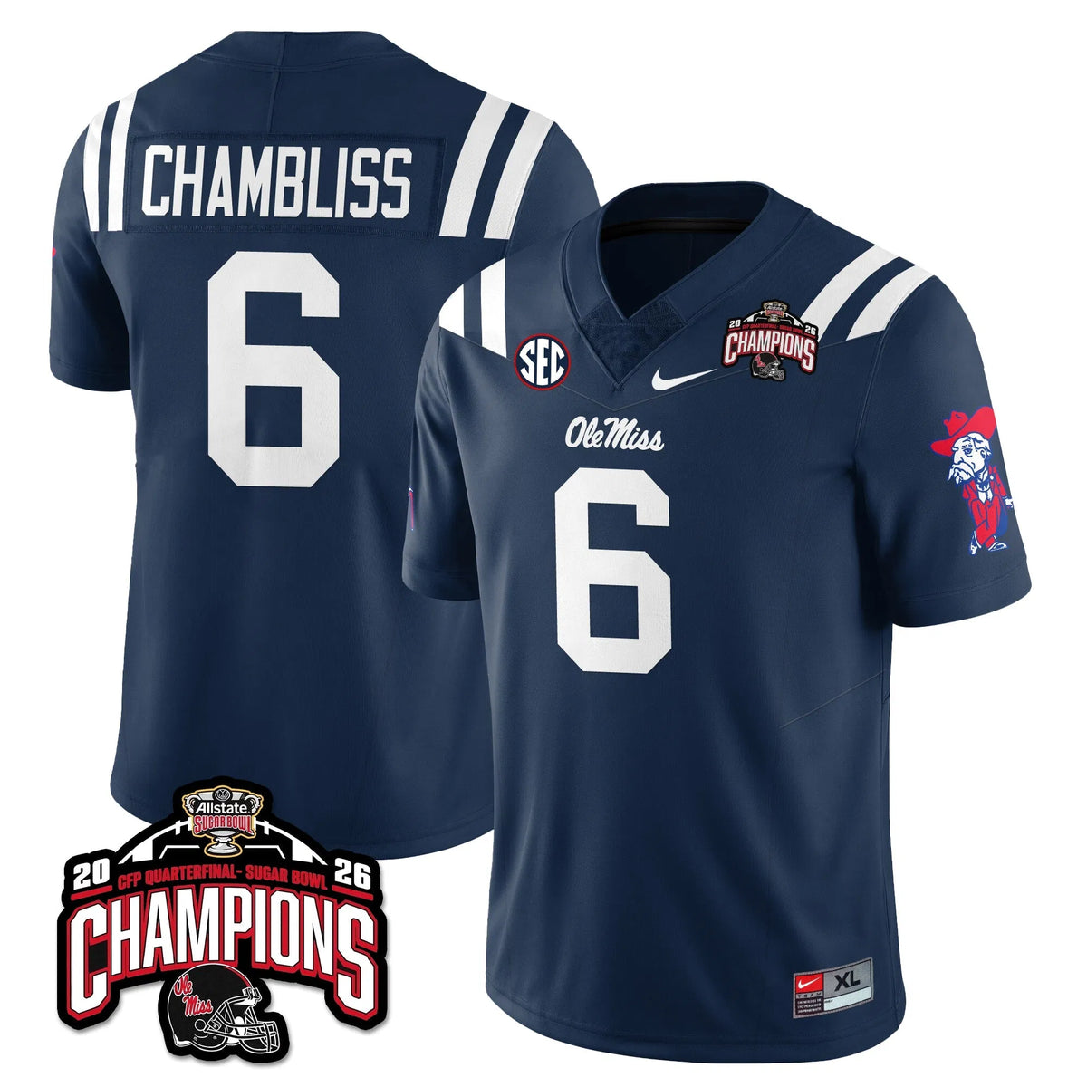 Personalized OMB Football Vapor Limited Jersey - Allstate Sugar Bowl Champions - Navy / Trinidad Chambliss - 6 Stitched