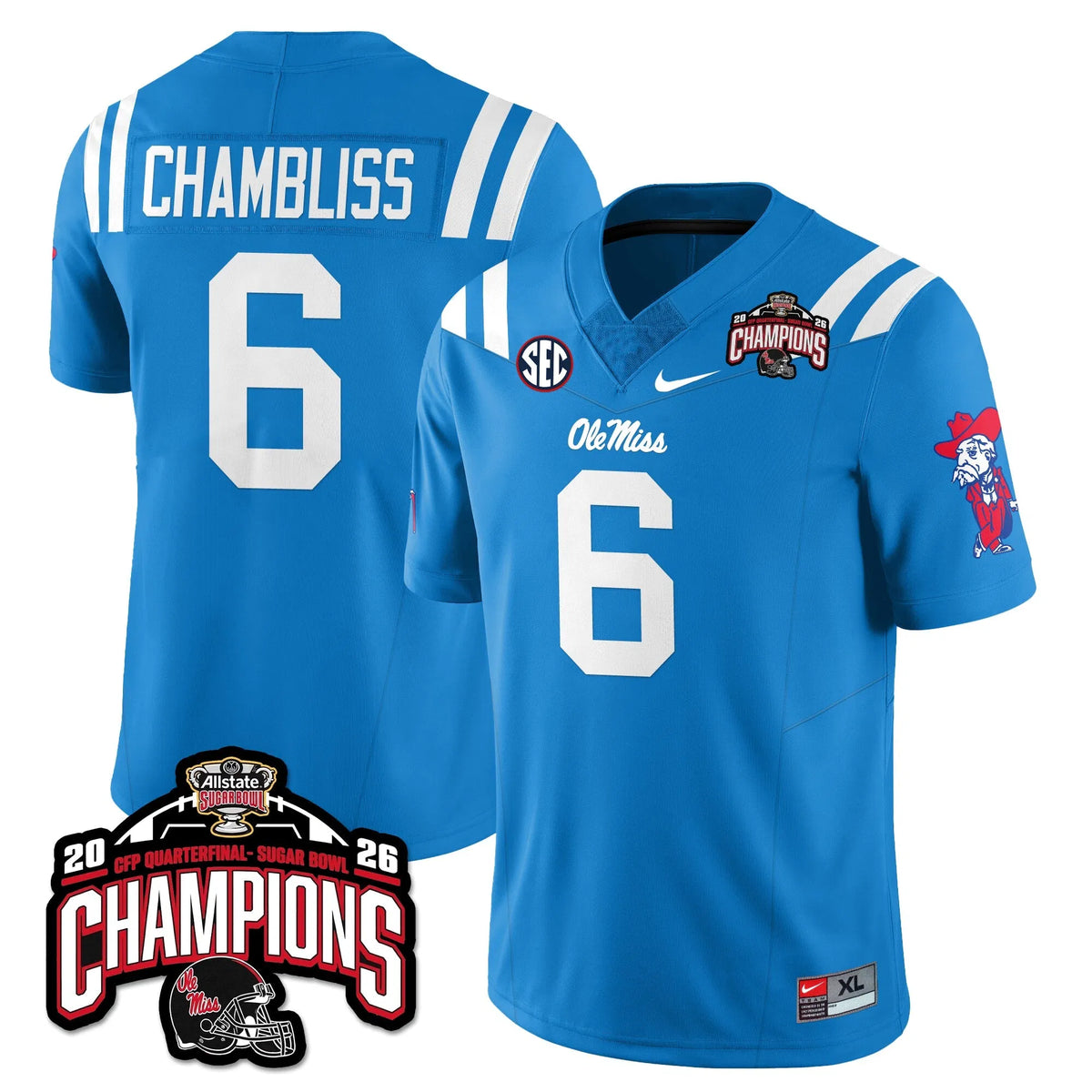 Personalized OMB Football Vapor Limited Jersey - Allstate Sugar Bowl Champions - Powder Blue / Trinidad Chambliss - 6 Stitched
