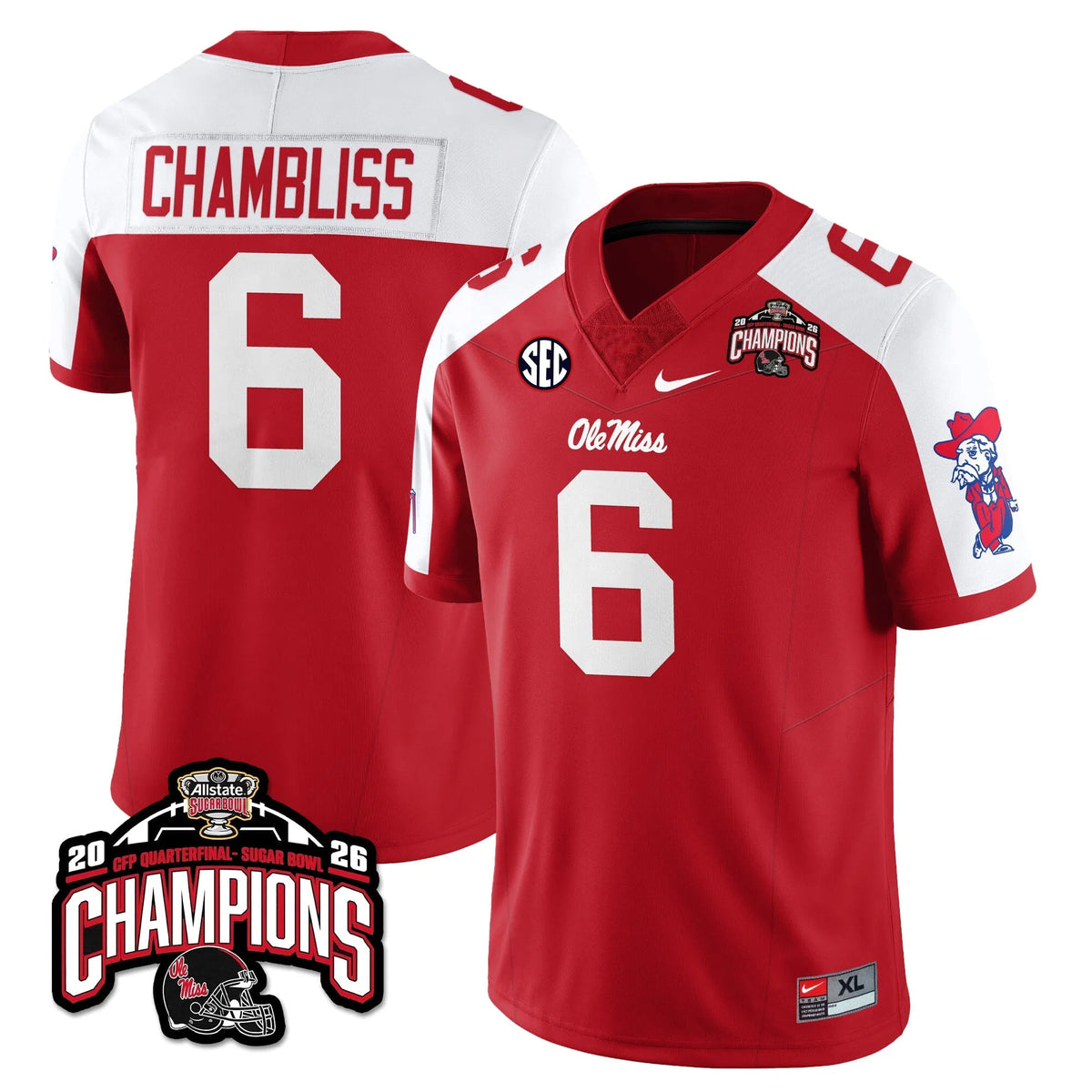 Personalized OMB Football Vapor Limited Jersey - Allstate Sugar Bowl Champions - Red Alternate / Trinidad Chambliss - 6 Stitched