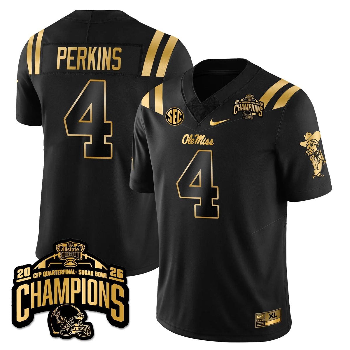 Personalized OMB Football Vapor Limited Gold Jersey - Allstate Sugar Bowl Champions - Black Gold / Suntarine Perkins - 4 Stitched
