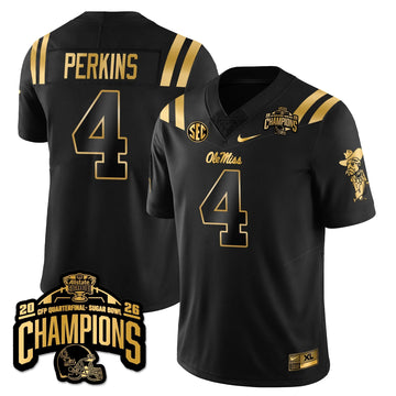 Personalized OMB Football Vapor Limited Gold Jersey - Allstate Sugar Bowl Champions - Black Gold / Suntarine Perkins - 4 Stitched