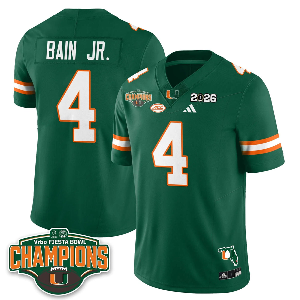Personalized MIA Football Vapor Limited Jersey V2 - Fiesta Bowl Champions - Green / Rueben Bain Jr. - 4 Stitched